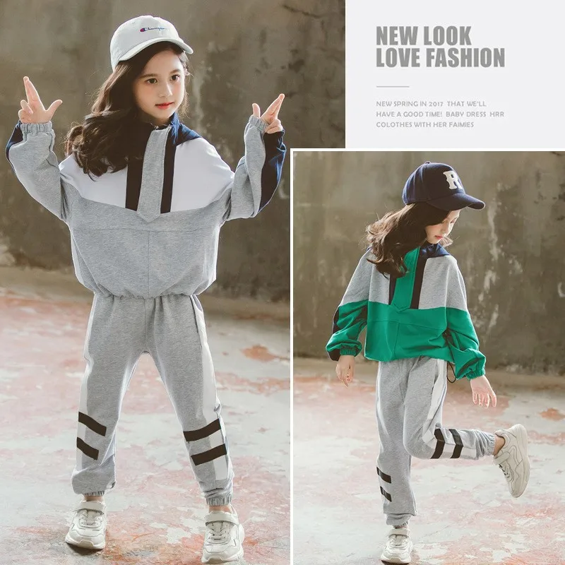 

Hot Sale Girls Panelled Spliced Clothing Set Spring Fall Children's Loose Sports Suit Kids Hoodies Sweatshirt + Pants 2 Pcs P165