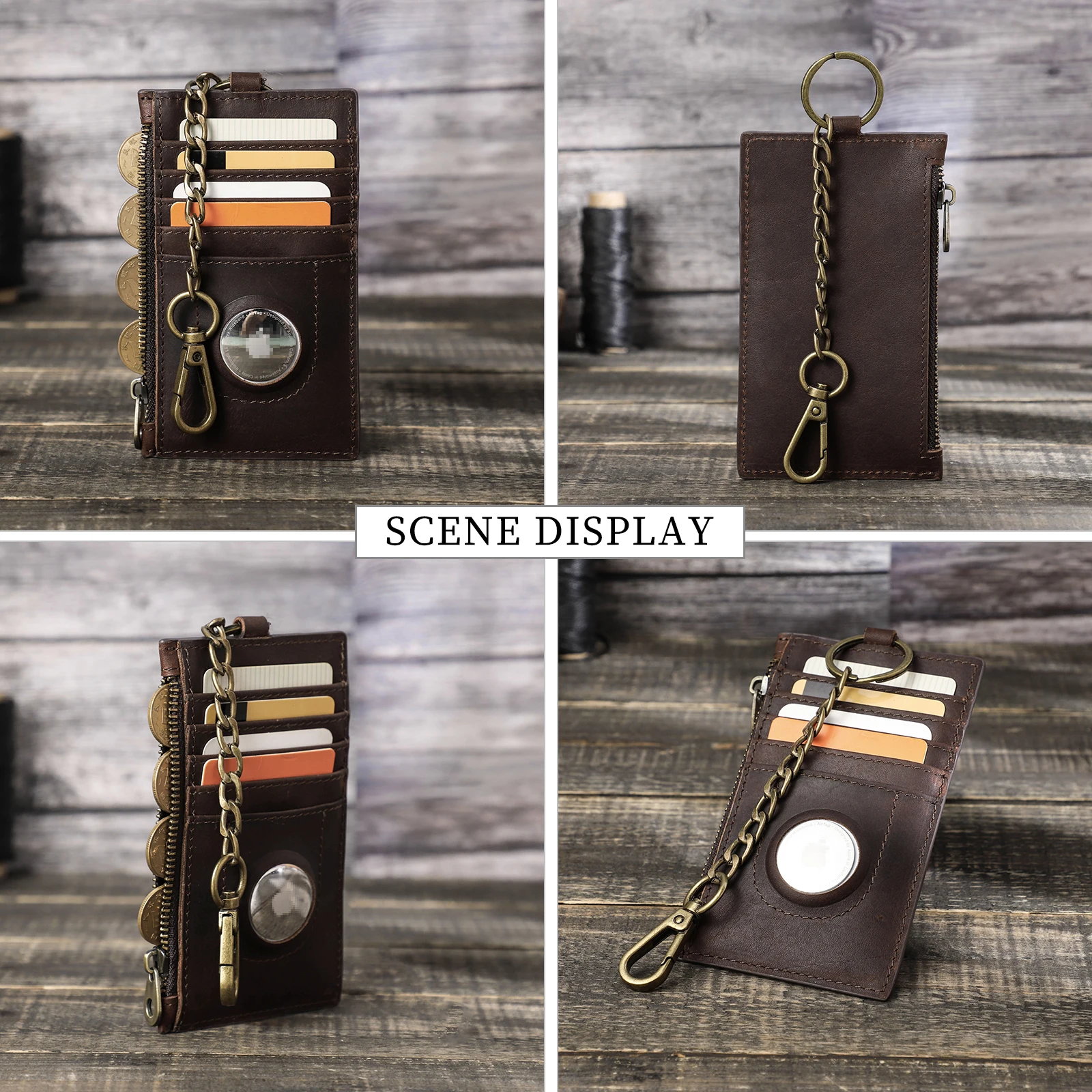 Hiram Genuine Leather Card Holder Wallet With Keychain Airtag Case Luxury Men Rfid Name Laser Engrave Slim Thin Coin Purse