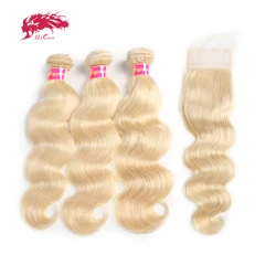 Ali Queen Hair 613 Blonde Bundles With Closure Brazilian Body Wave Human Remy Hair Bundle With Frontal Free Part 130% Density
