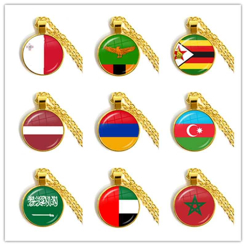 Malta Zambia Zimbabwe Latvia Armenia Azerbaijan Saudi Arabia UAE Morocco National Flag Glass Cabochon Pendant Necklace Jewelry