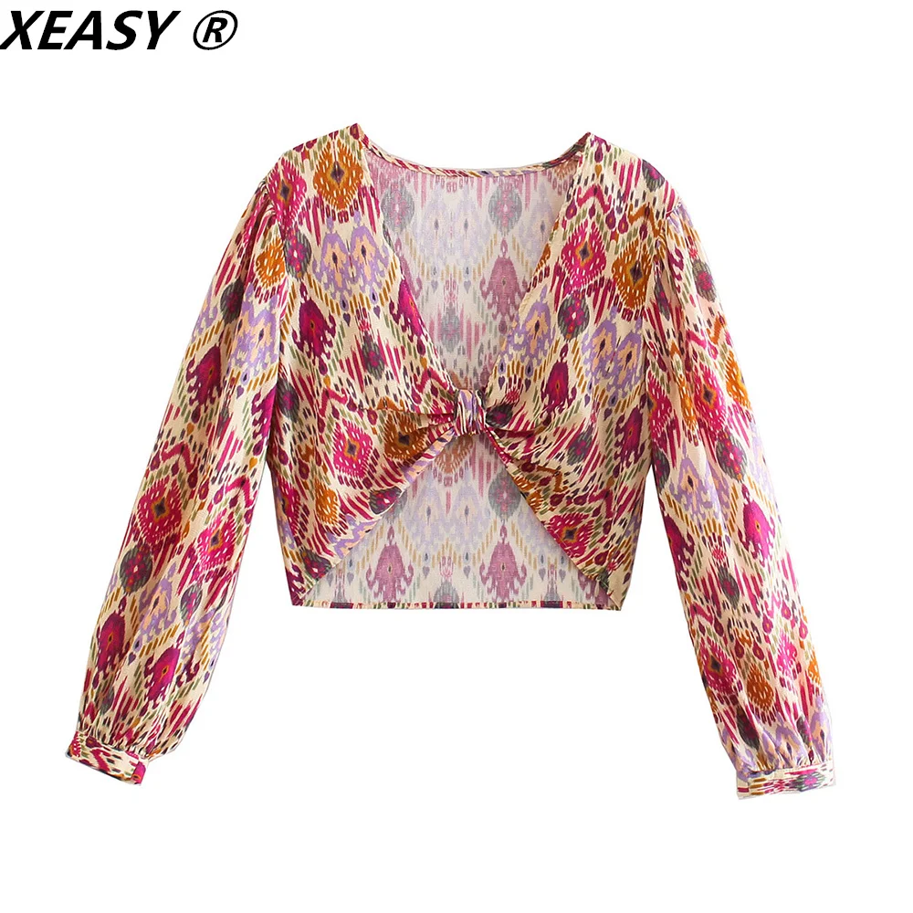 XEASY 2021 Women Two-Piece Set Sexy V-Neck Knotted Print Short Top Vintage High Waist Side Bow Shorts Skirts Female Fashion Sets