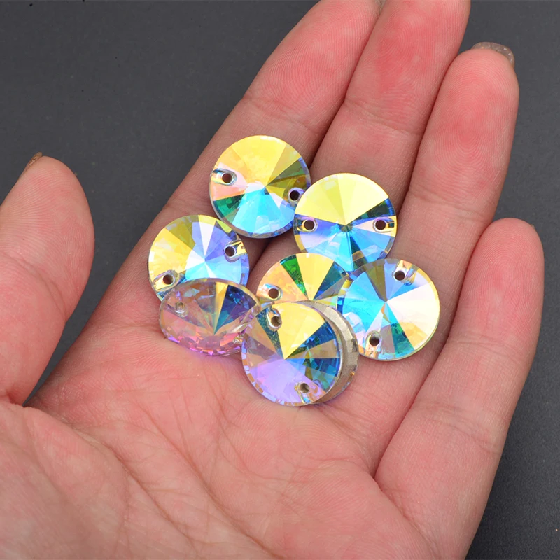 JUNAO Top Quality 8 10 12 14 16 18mm Crystal AB Sewing Flatback Stones  Rivoli Shape Strass Sew On K9 Glass Stone For Needlework