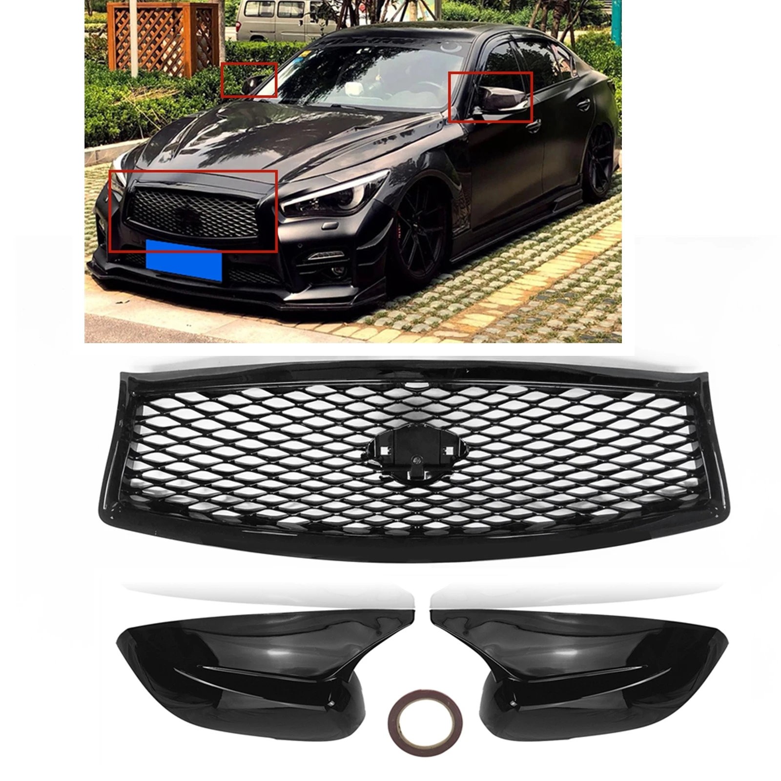 

For Infiniti Q50 Q50S 2014-2017 All Models Gloss Black Front Grille Grill Upper Bumper Hood Mesh+Rear View Mirror Cover Caps Kit