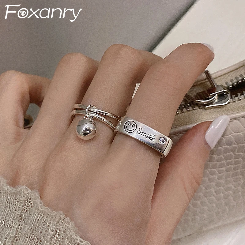 FOXANRY Silver Color Smile Face Rings for Women New Fashion Simple Ball Pendant Geometric Ring Set Party Jewelry Gifts