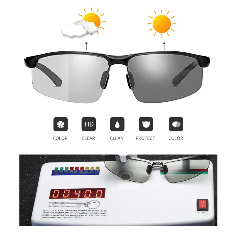 AOWEAR Mens Photochromic Polarized Rimless Sunglasses Men Day Night Driving Chameleon Glasses Car Driver Anti-glare Eyewear