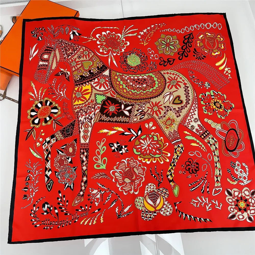 90cm Hand Rolled Famous Race Horse Twill Silk Square Scarf Women Shawl Brand Hijab Scarf Foulard Head Scarves Design Bandana