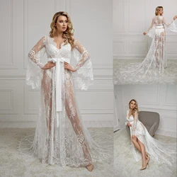 Elegant White Sleepwear Women Bathrobe Full Lace Long Sleeves Wedding Bridal Robe With Belt Customize Nightgown Pajamas