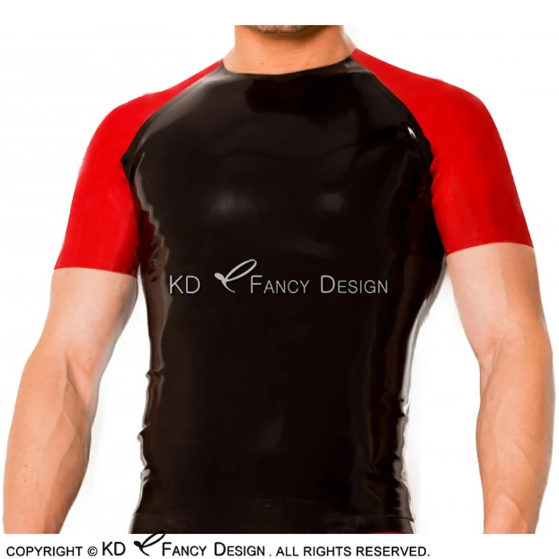 Black And Red Trims Sexy Latex Shirt With Half Sleeves Rubber Clothings Tee YF-0105