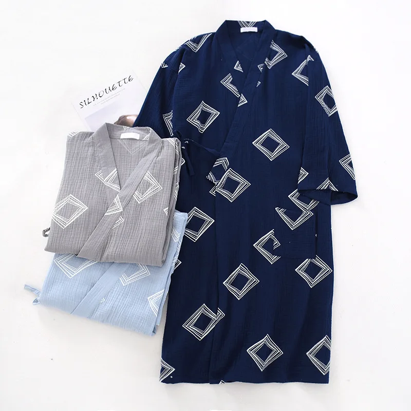 

Summer Men Cotton Kimono Sleepwear V-Neck Loose Bathrobe Long Sleeve Nightgown Geometric Printing Robe Home Bath Robes