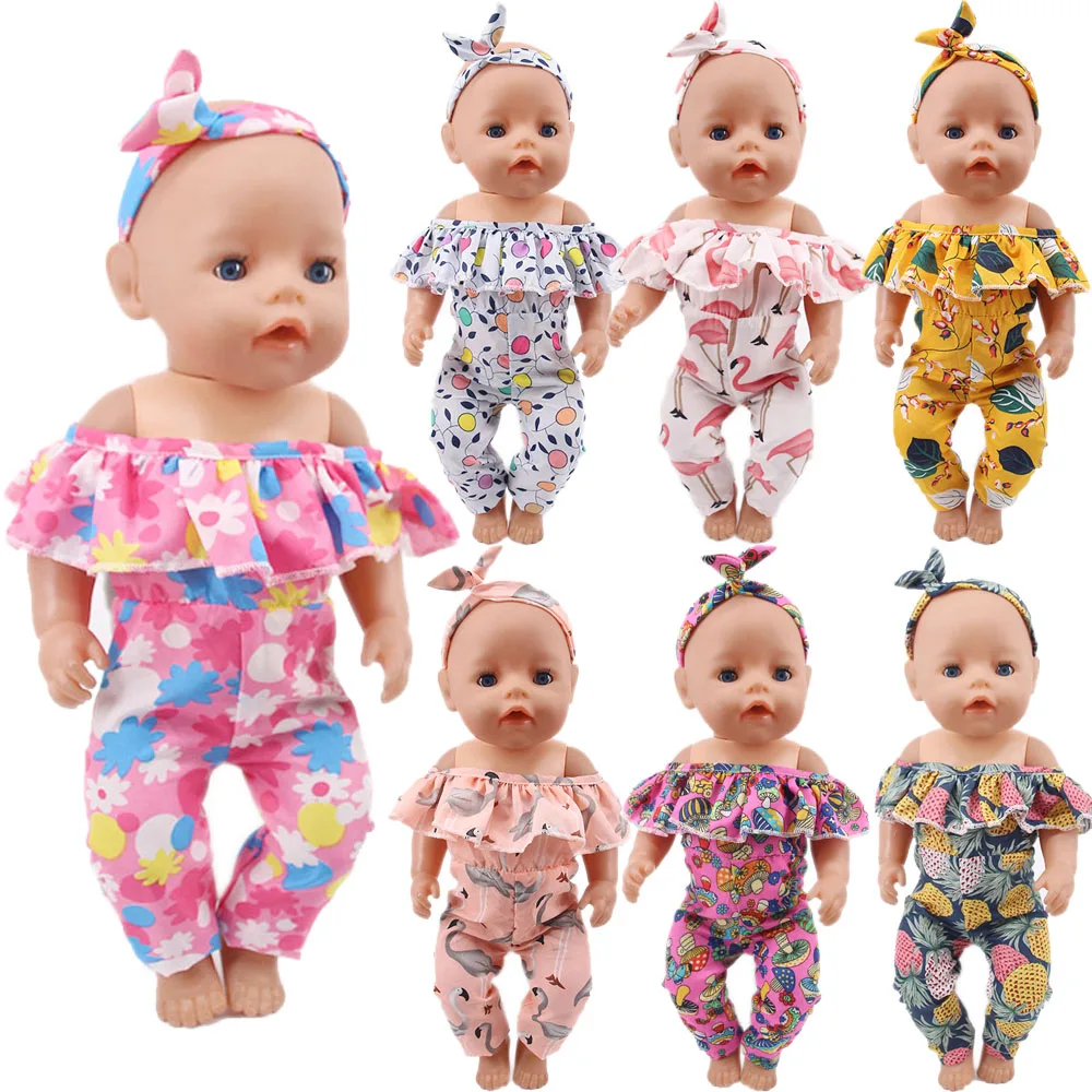 Doll Clothes Jumpsuit + Headband Flamingo/Pineapple Print Fit 18Inch Americna Doll 43Cm Baby New Born Accessories,Our Generation