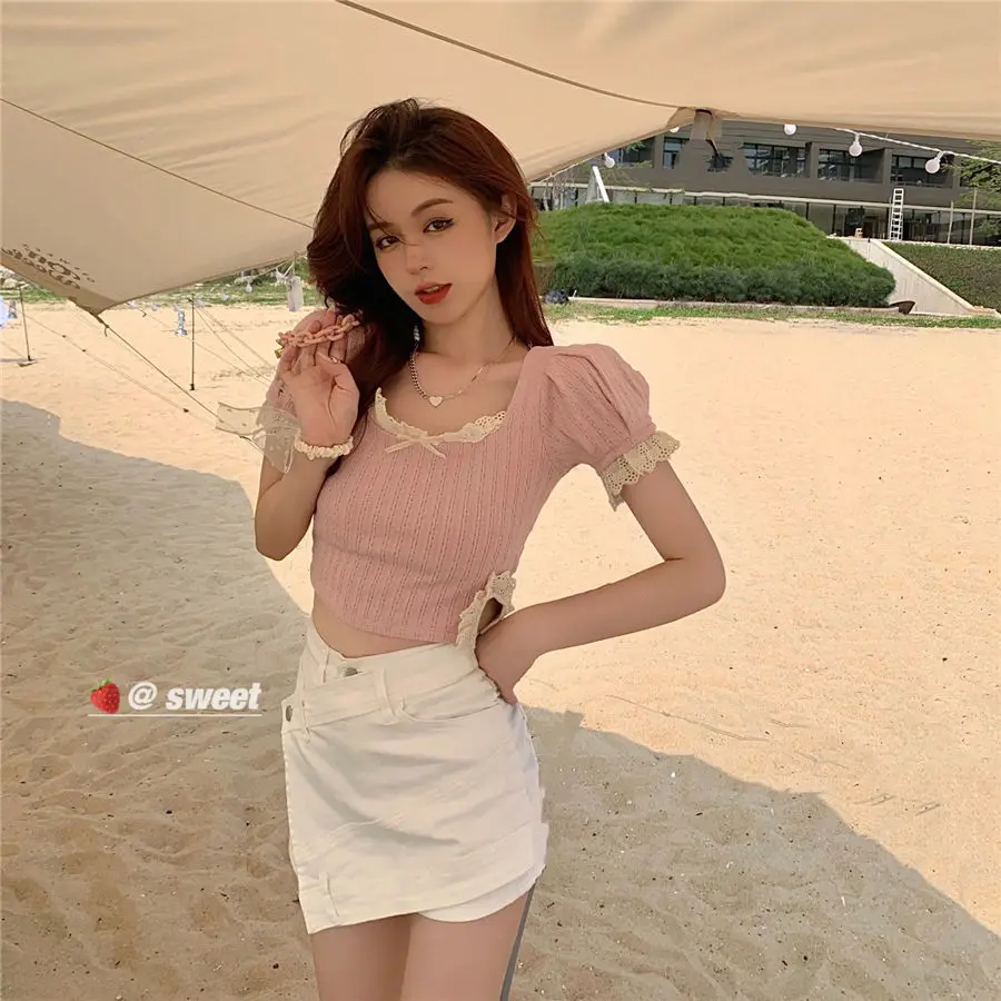 Woman TShirts   Lace Stitching Girl Puff Sleeve Short Sleeve Short Summer Knitwear Top for Women Crop Top Mujer Camisetas