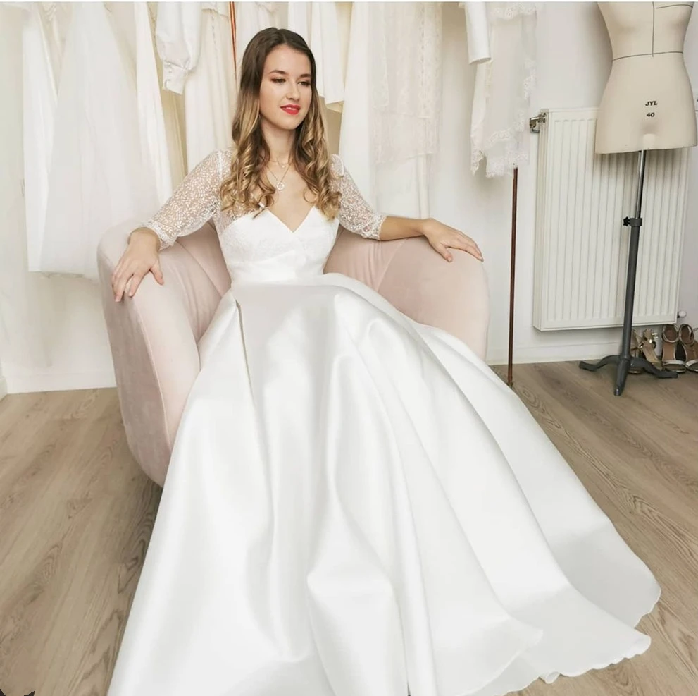 Linha a vestido de casamento meia manga simples cetim até o chão renda apliques vestidos de noiva v-neck elegante para mulher senhora encantadora