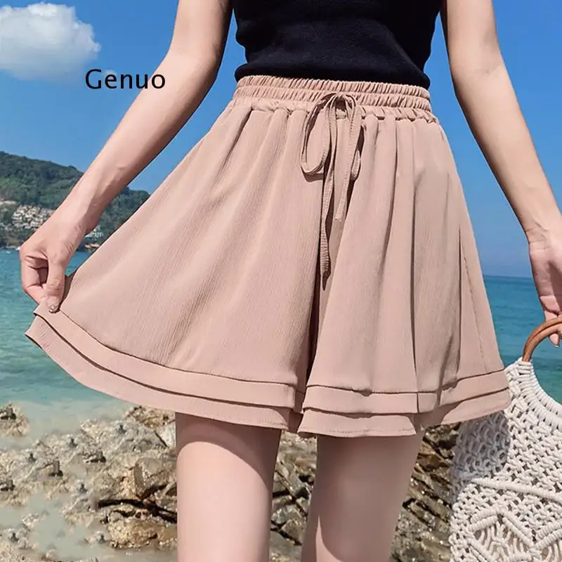 

2021 Summer Chiffon Shorts For WomenDouble Layer High Waist Wide Leg Shorts Casual Loose Skirt Shorts Korean Ladies