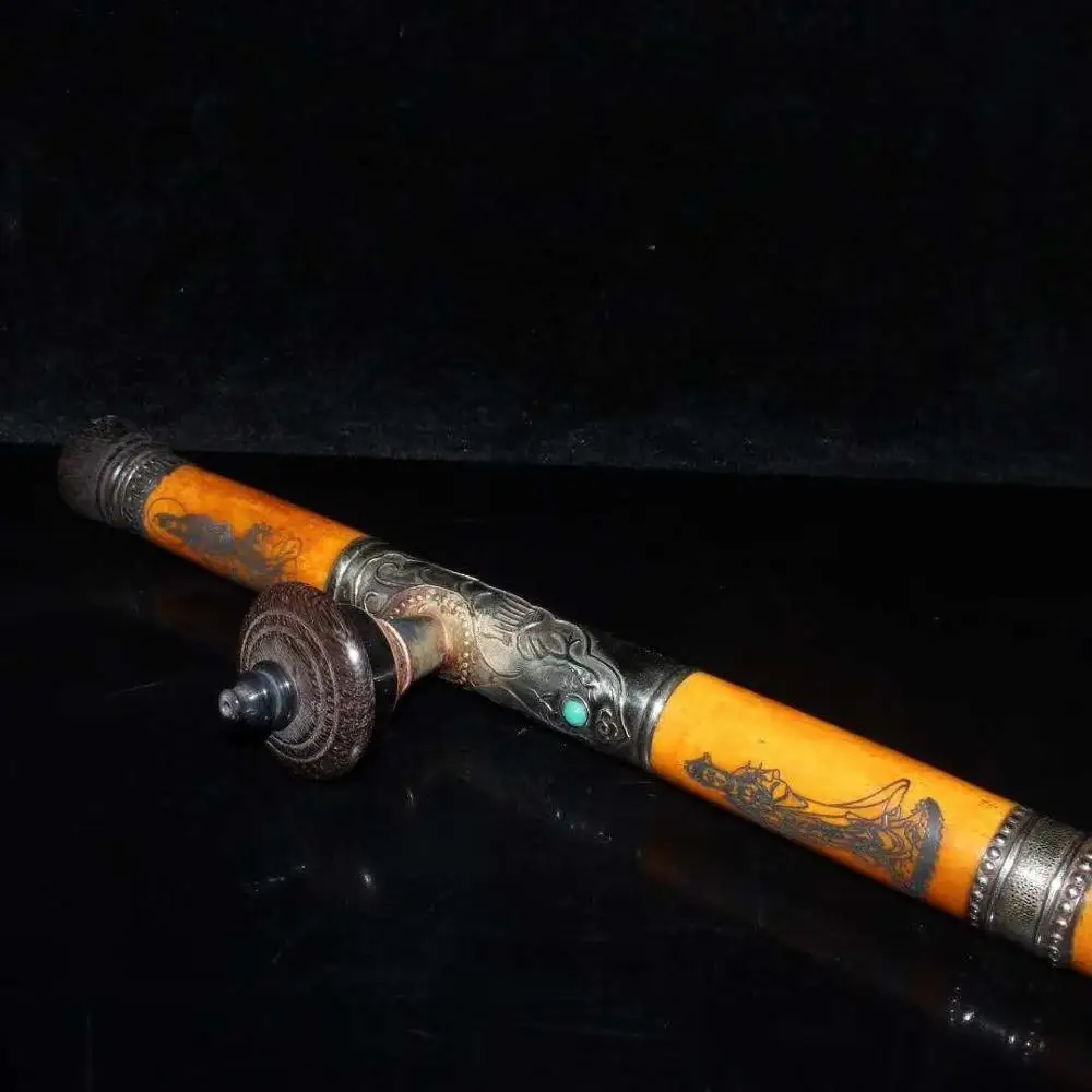 Elaborate Antique collectibles, ancient Chinese bone wrapped Tibetan silver smoke gun and tobacco rod smoking pipe