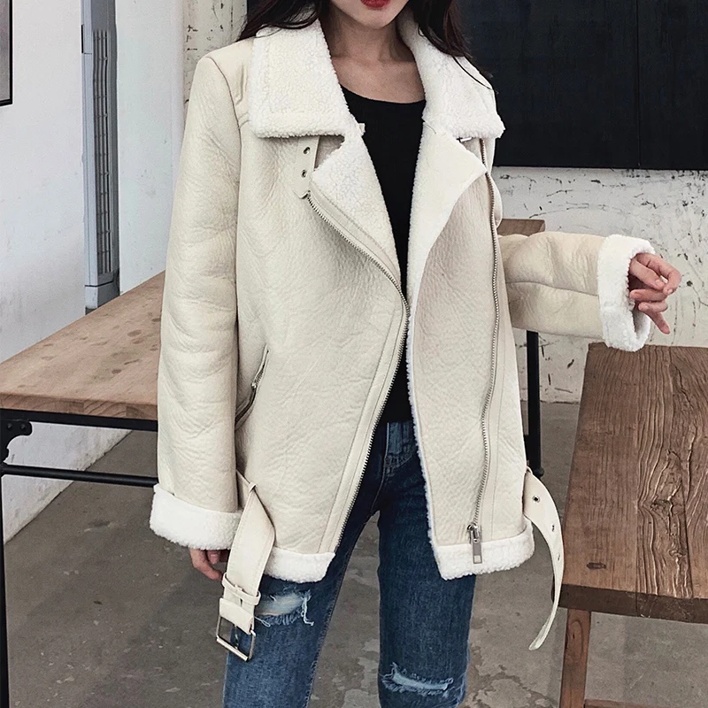 New Women Lamb Fur Faux Leather Jacket Coat Turn Down Collar Winter Thick Warm Oversized Zipper With Belt Outerwear