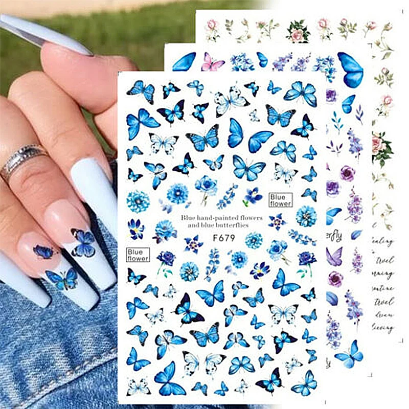 Nail Blue Butterfly Stickers Flowers Leaves Self Adhesive Decals 3D Transfer Sliders Wraps Manicure Foils DIY Decorations Tips