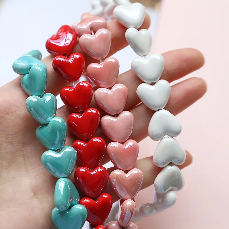 20pcs 15x13mm Heart Shape Ceramic Beads DIY Loose Spacer Bead For Jewelry Making  Red/White/Green/Blue/Pink/Yellow