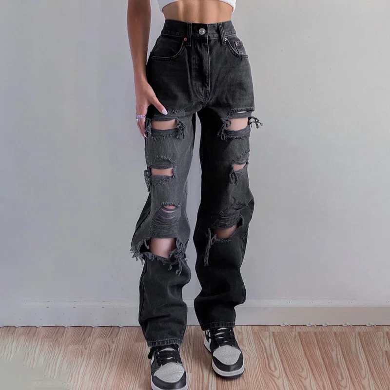 H&JACKY Black Jeans Fashion Women High Waist Straight Denim Mom Baggy Jeans Ripped Holes Breathable Long Denim Pants Washed