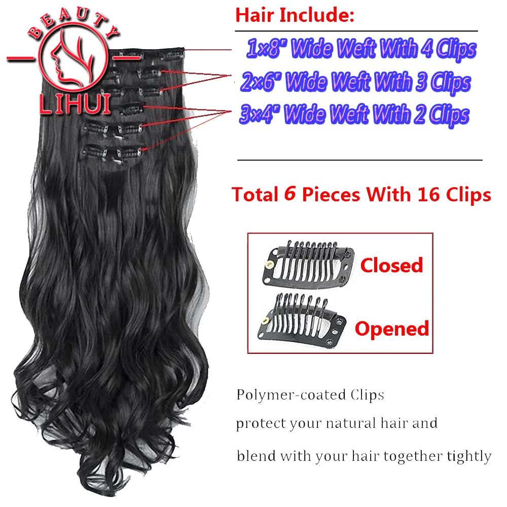 Extensiones de cabello de onda Natural para mujer, 16 Clips, pieza de cabello sintético, resistente al calor, 20 pulgadas, 6 piezas por juego