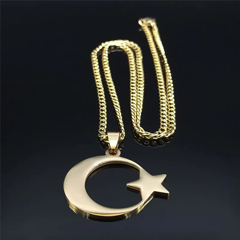 Muslimische Islamische Halbmond-Stern-Halskette aus Edelstahl für Frauen, Goldfarben Anhänger-Halskette, Amulett-Schmuck Geschenk – Detail 9