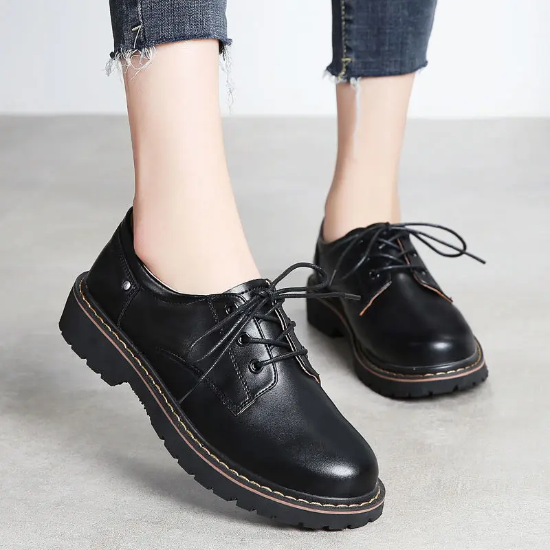 En kaliteli siyah Lolita ayakkabı daireler bayan Oxford kürk loafer\'lar kadın deri Mary Jane ayakkabı genç kızlar okul ayakkabısı büyük boy 43
