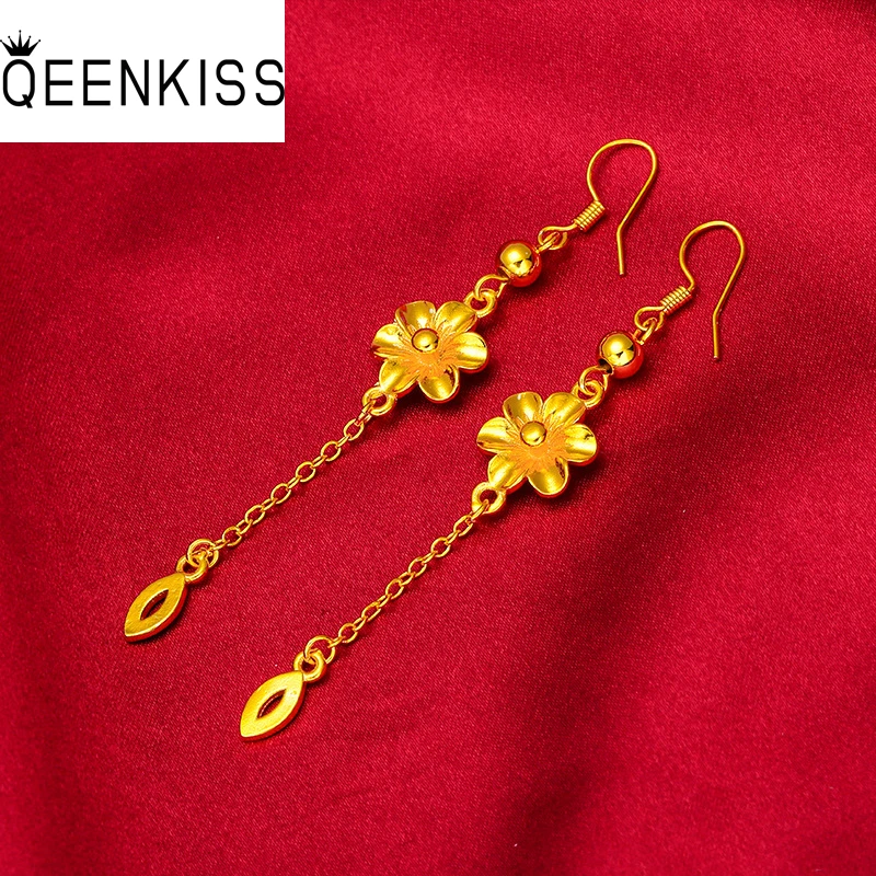 

QEENKISS 24KT Gold Flower Tassel Drop Earrings For Women Fine Wholesale Jewelry Wedding Party Bride Ladies Girl MotherGift EG527