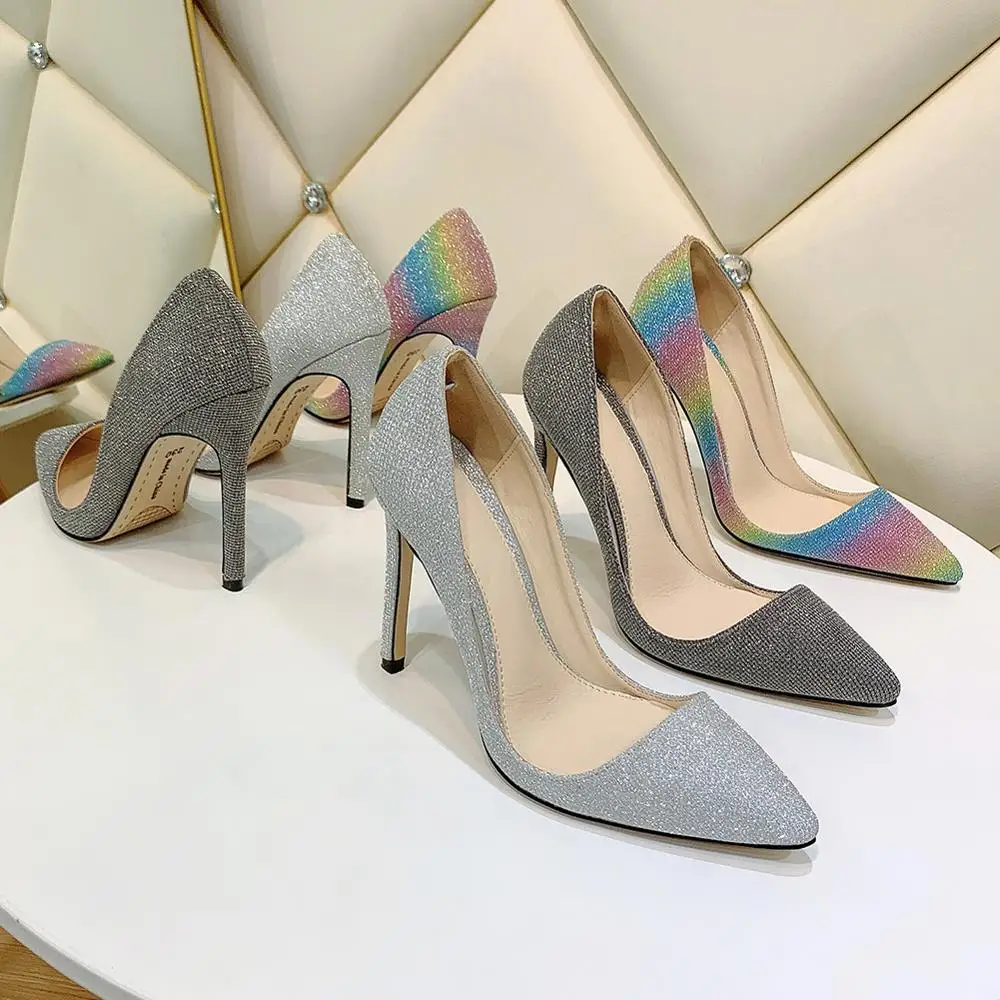 

Spring And Autumn High Heel Big Size Pointed Toe Thin Heel Sweet Shoes Woman Dress shoes High Pumps Shallow Super Sequined