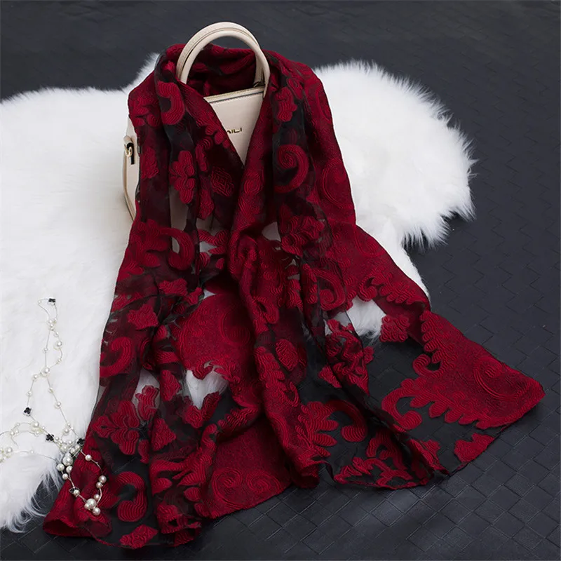 2019 silk scarf women summer breeze lightweight sheer shawls and wraps bandana beach organza gauze lace hollow scarfs fo ladies