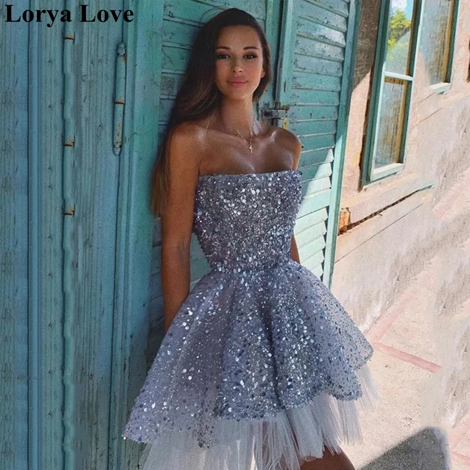 Shiny Sequined Short Cocktail Dresses 2021 Women Formal Party Short Prom Gowns Gray Vestido De Gala Graduation Homecoming Dress