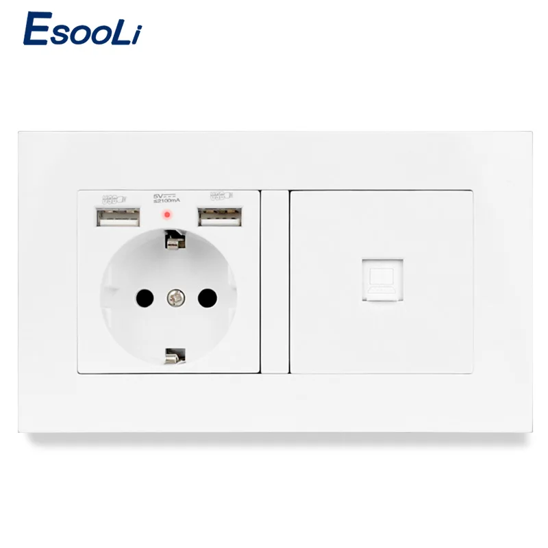 Esooli PC Panel de plástico enchufe de pared estándar de la UE 2 puertos de carga USB LED suave oculto + conector de Internet CAT5E RJ45 de 2 entradas