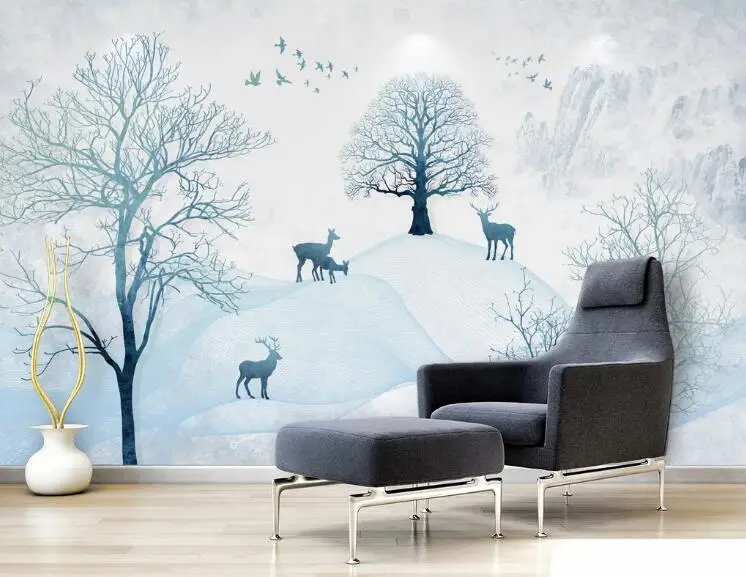 Bacal Custom 3D mural wall paper Modern Blue Tree Forest Elk Background Wall decoration painting photo wallpaper for walls 3 d