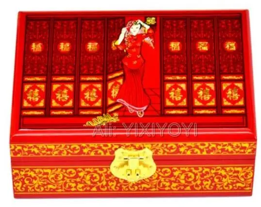 

Retro 21x14cm Chinese Wooden 2 Layer Lock Jewelry Box Gift Wedding Engagement Storage Box with Mirror Gorgeous Display Box Case