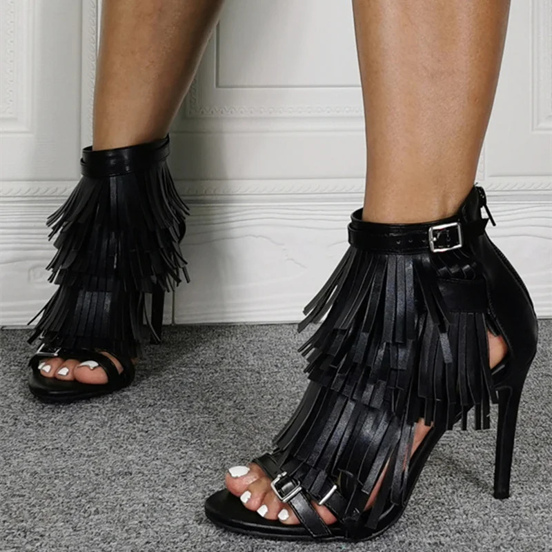 2021 Spring Summer Latest Fashion Design Ankle Strap Fringe Sandals For Women Back Zip Black Gladiators Lady's Dress Shoes