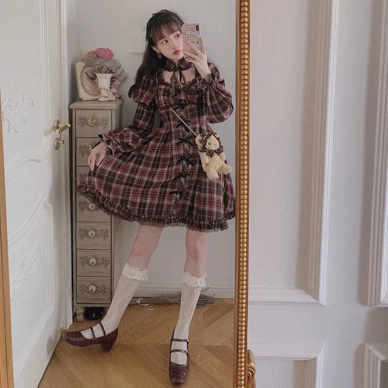 Princess sweet lolita dress Bobon21 Japanese sweet soft sister vintage dress Christmas Red Plaid Bow Dress fashion women D1828