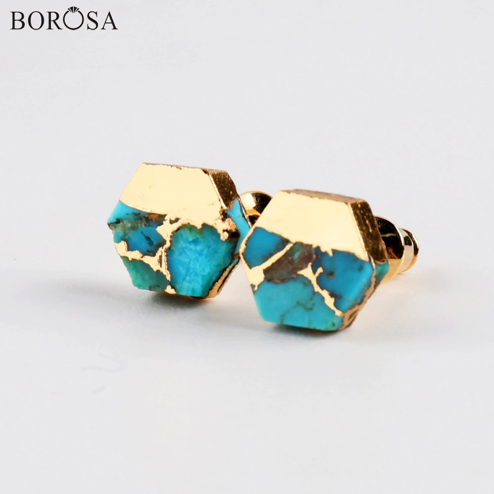 

BOROSA Gold Plating Hexagon Copper Turquoises Stud Earrings 8mm Gems Stone Fashion Gold Earrings for Women Birthday Gifts G1985