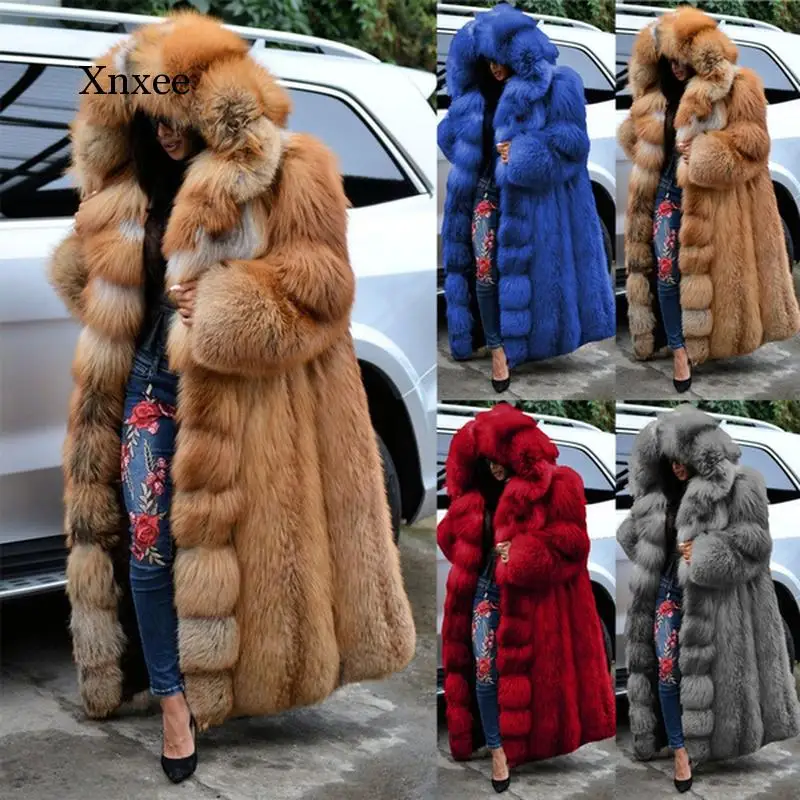 Faux Fur Women Thicken Autumn Winter Warm Hooded Coat Super Long Coats Oversized Ladies Jackets  Female Top S-5Xl