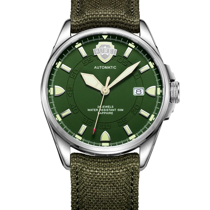 NH35 BUREI-Reloj Automático para hombre, accesorio Masculino de marca de lujo, de zafiro, verde militar, mecánico, de lona, 2021