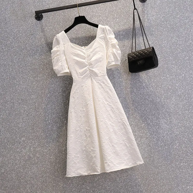 Black White Square Neck Retro Bubble Sleeve Dress Women 2021 Summer Evening Dress Lady Dinner Party Dress Autumn Bottomed Dress