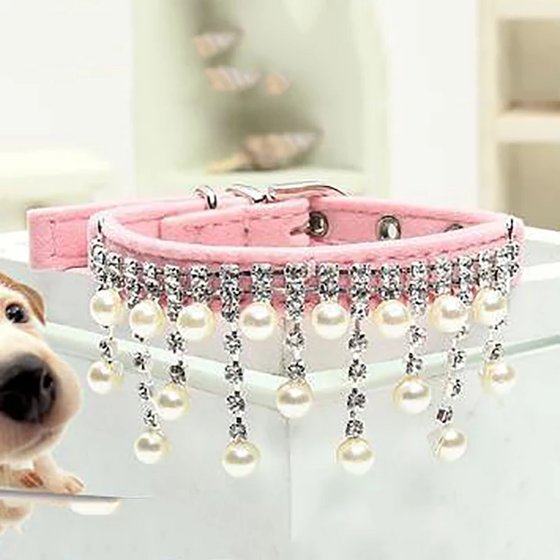 New Fashion Female Wedding Pet Products Cats Velvet Crystal Pearl Necklace Luxury Jewelry Dog Pet Cat Collar 5 Color 3 Size