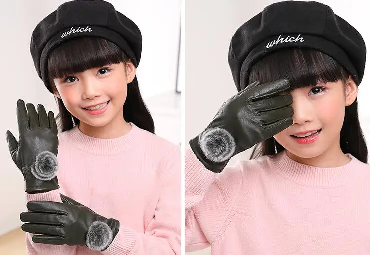 Children's autumn winter thicken warm fleece lining leather gloves boy girl kids natural sheepskin leather fur ball glove R1877