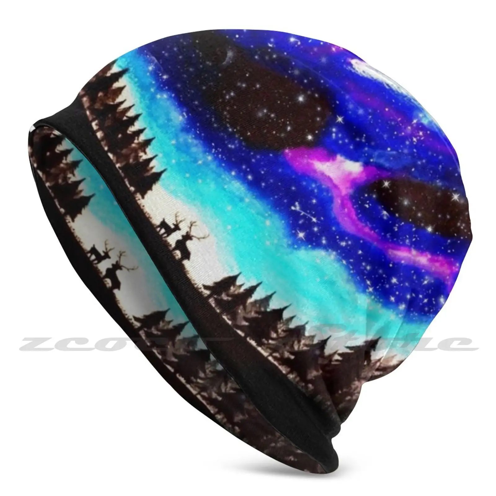 Galaxy Painting Personalized Pattern Knit Hats Plus Size Elastic Soft Cap Nighttime Stars Galaxy Dark Nature Trees Deer