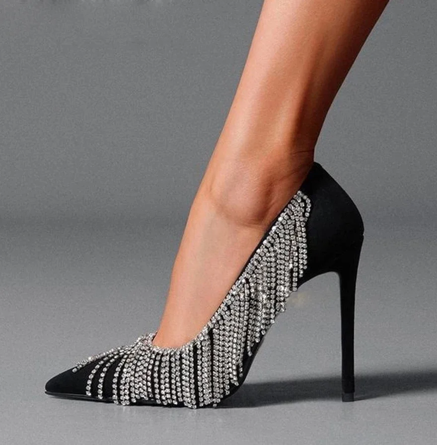 

Silver Rhinestone Tassel Cover Thin Heels Pumps Woman Black Suede Crystal Wedding Shoes Pointed Toe Banquet Fringed High Heel