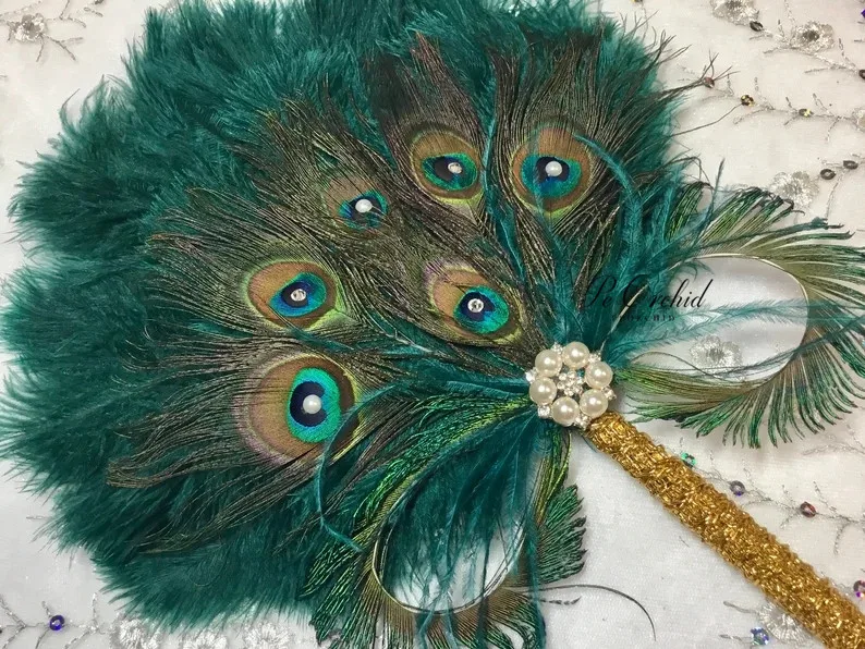 Abanico de plumas de avestruz verde PEORCHID para novia, ramo de pavo real para dama de honor, regalo para el gran Gatsby de los 1902, abanico de mano para ramo de boda