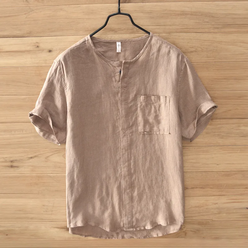 High Quality Solid 100% Linen Shirts For Men Short Sleeve Casual Mandarin Collar Flax Dress Shirt Men рубашка мужская TS-643