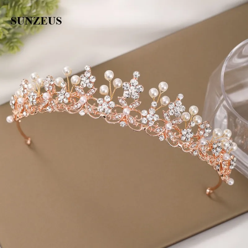 Hoa Hồng Vàng Đảng Mũ Trùm Đầu Tinh Thể Cô Dâu Mũ Cưới Tiaras Với Quả Lê Nữ Băng SQ479