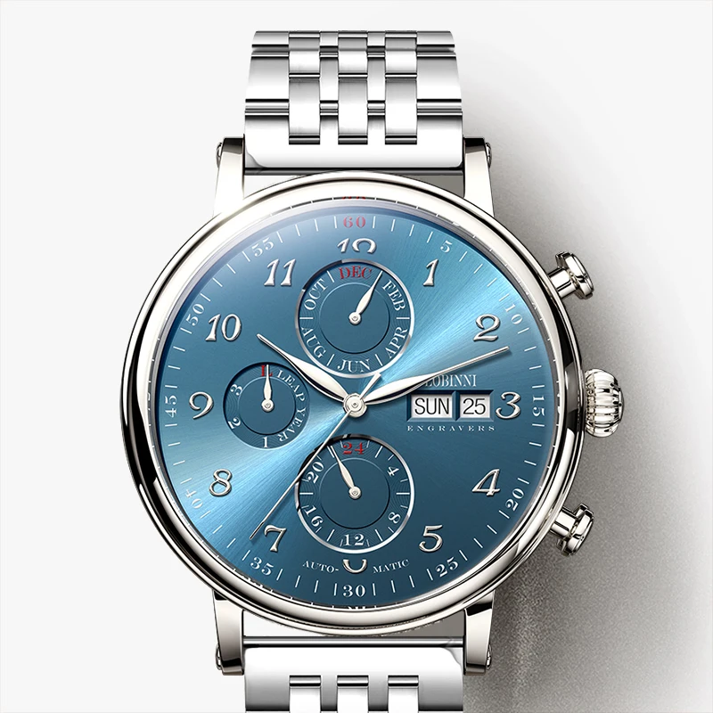LOBINNI Top Brand Mens Dress Mechanical Watch 316L Stainless Steel Automatic Watches Sapphire Glass Multifunctinction Wristwatch