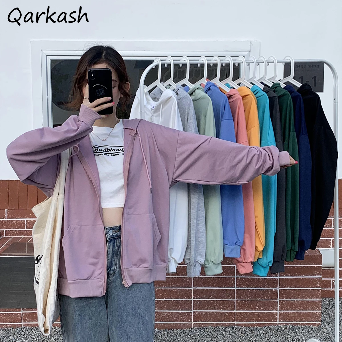 

With Hat Hoodies Women Candy Color Loose Autumn Pockets BF Popular Tender Couple Holiday Leisure Students Trendy Basic Soft Ins