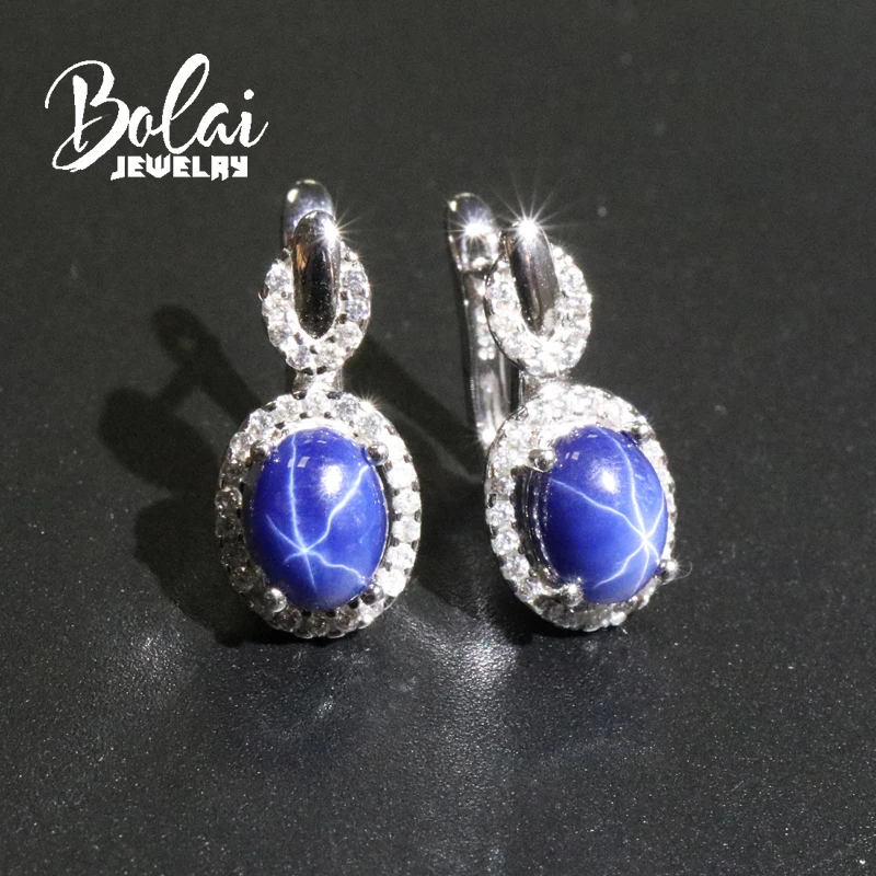 

Bolai star sapphire stud earrings 925 sterling silver created blue gemstone fine jewelry clasp earring for women wedding gift