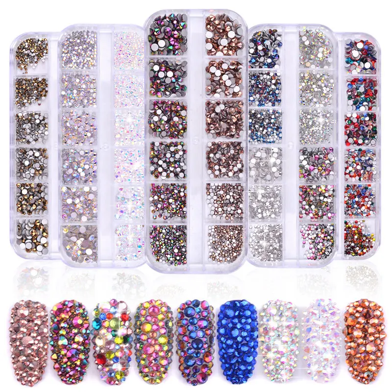 Multi Size Glass Rhinestones Mixed Colors Flat-back AB 3D Charms DIY Tips Nail Art Decorations