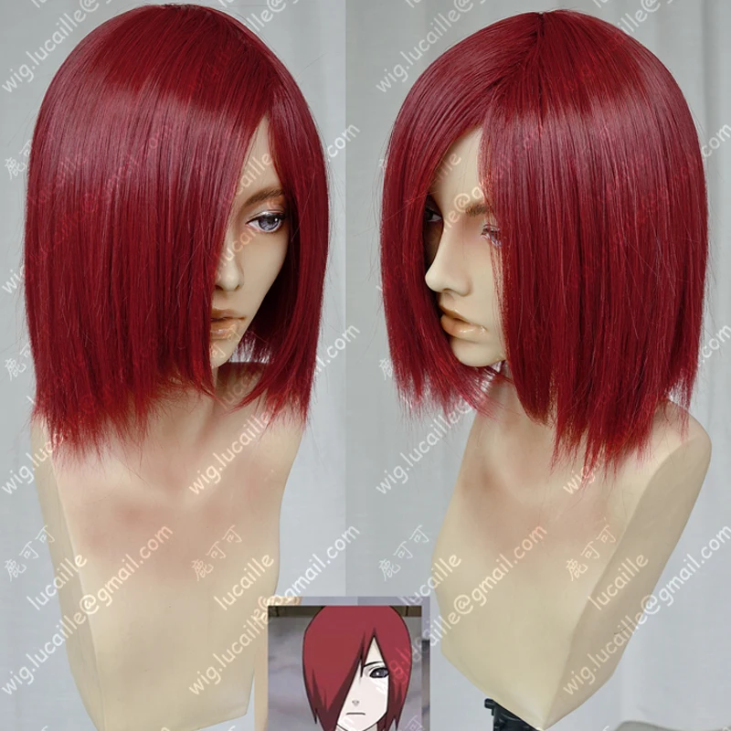 อะนิเมะ Nagato ปวดสั้น Dark สีแดงสังเคราะห์ผมคอสเพลย์วิกผม + หมวกวิกผม